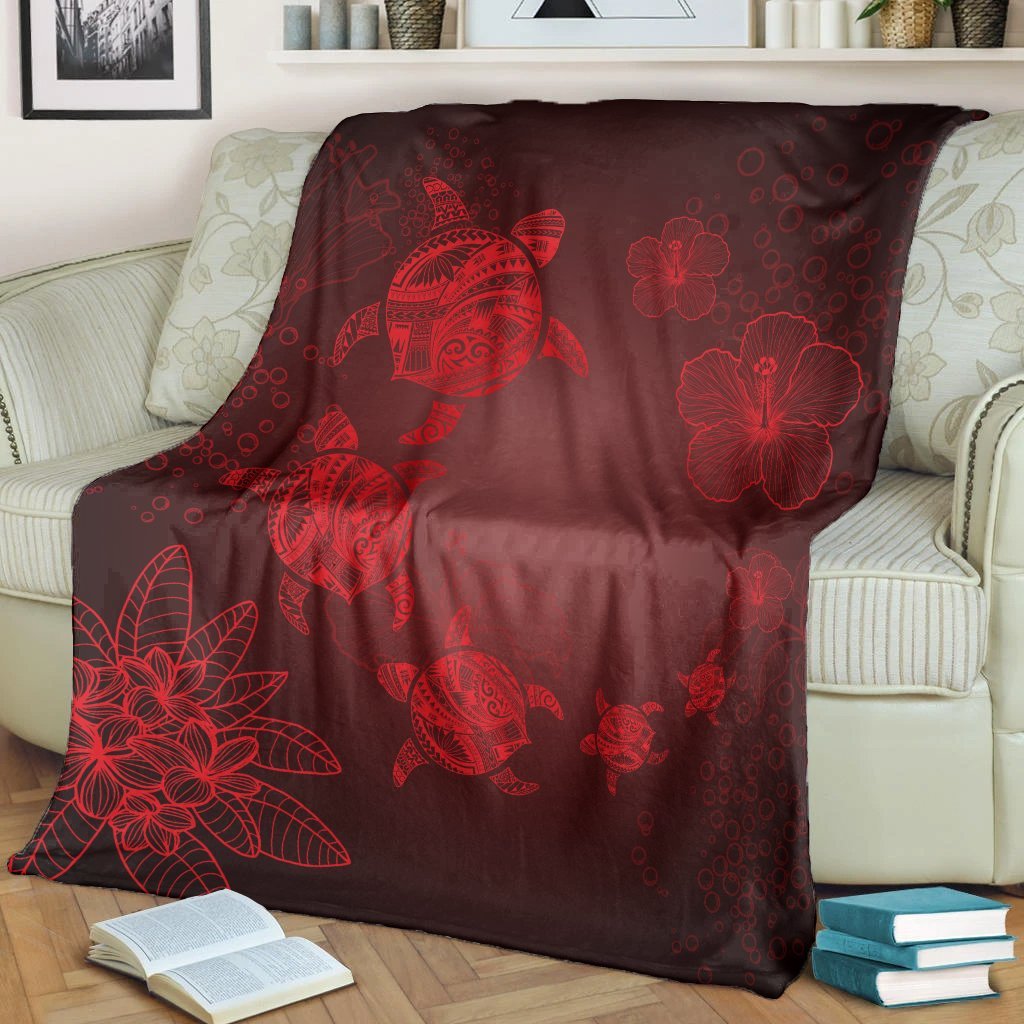 Hawaiian Plumeria Hibiscus Turtle Under Sea Polynesian Premium Blankets Red AH - Polynesian Pride