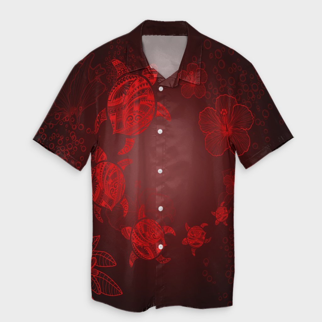 Hawaiian Plumeria Hibiscus Turtle Under Sea Polynesian Hawaiian Shirt Red AH Unisex Black - Polynesian Pride