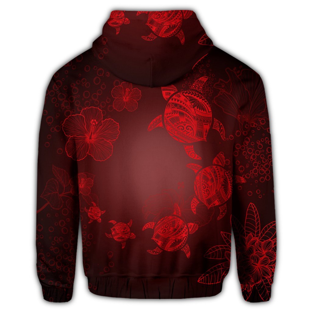 Hawaiian Plumeria Hibiscus Turtle Under Sea Polynesian Hoodie Red - Polynesian Pride
