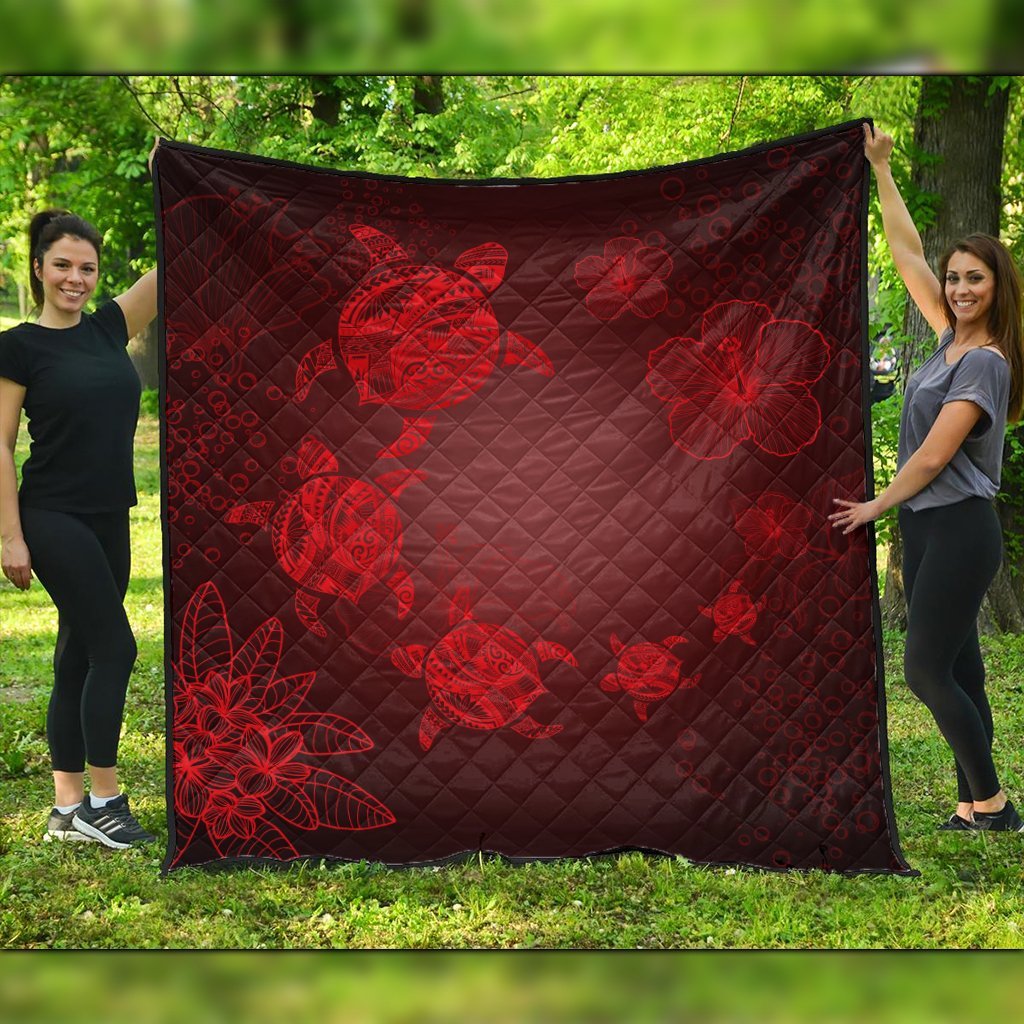 Hawaiian Plumeria Hibiscus Turtle Under Sea Polynesian Premium Quilts Red AH Black - Polynesian Pride