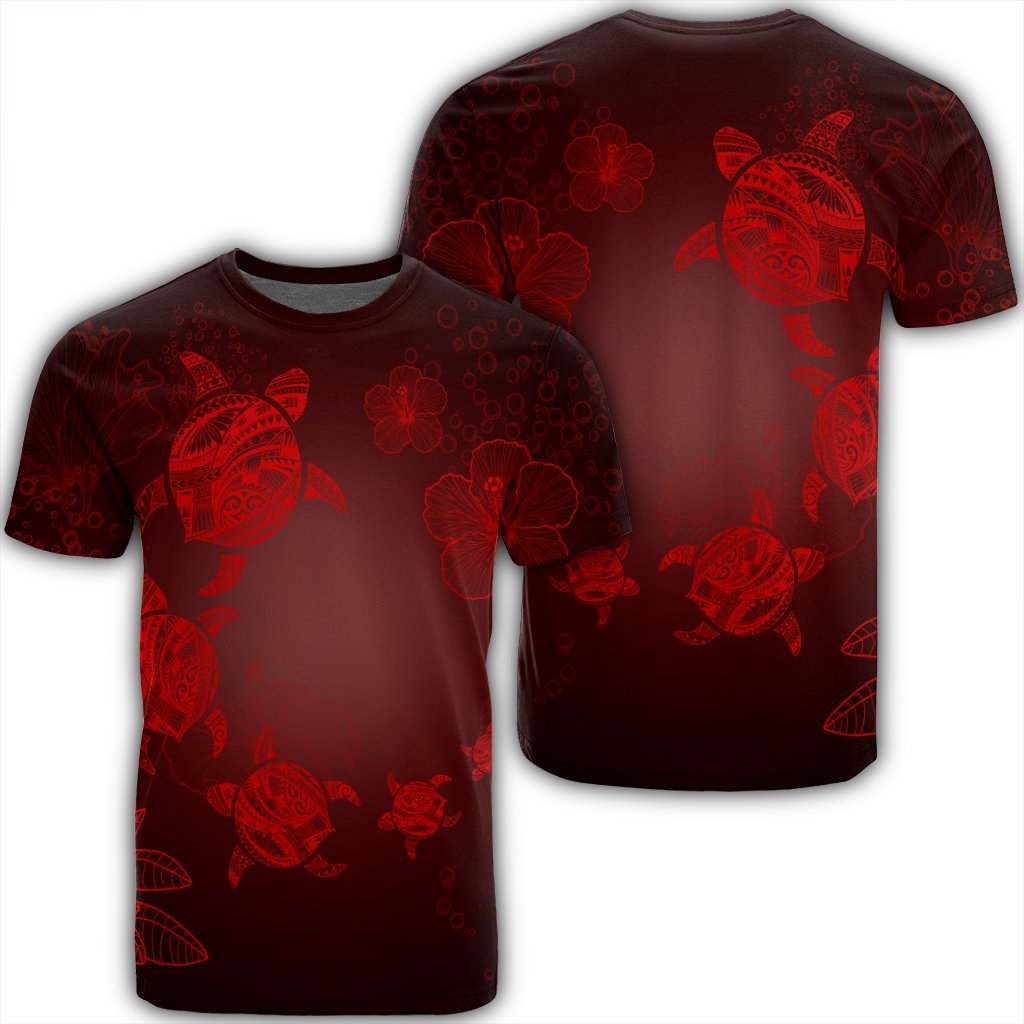 Hawaiian Plumeria Hibiscus Turtle Under Sea Polynesian T Shirt Red AH Unisex Black - Polynesian Pride