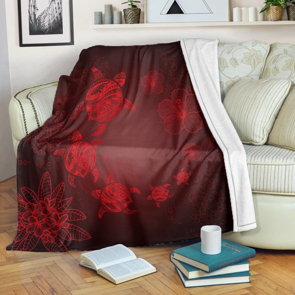 Hawaiian Plumeria Hibiscus Turtle Under Sea Polynesian Premium Blankets Red AH White - Polynesian Pride