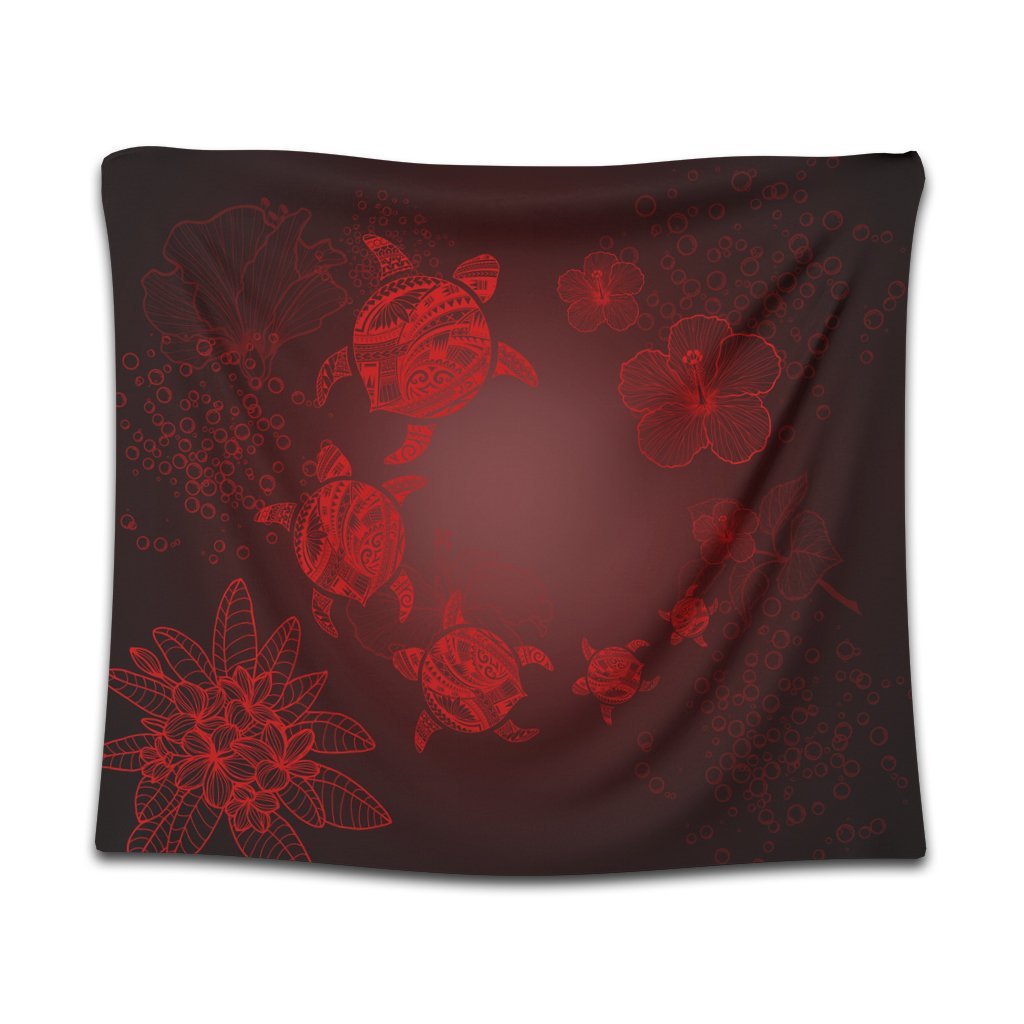 Hawaiian Plumeria Hibiscus Turtle Under Sea Polynesian Tapestry Red AH Wall Tapestry Black - Polynesian Pride