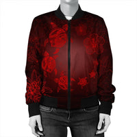 Hawaiian Plumeria Hibiscus Turtle Under Sea Polynesian Bomber Jacket Red AH - Polynesian Pride