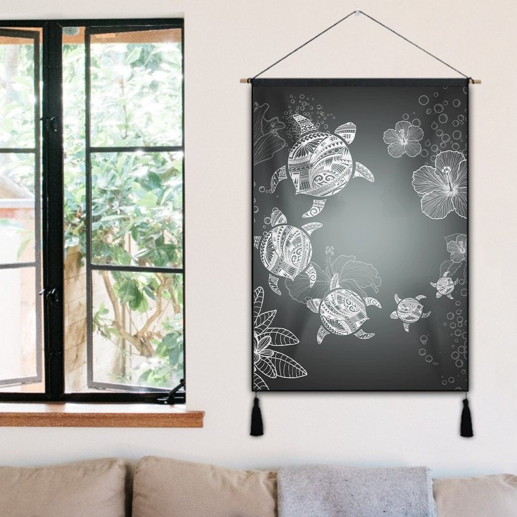 Hawaiian Plumeria Hibiscus Turtle Under Sea Polynesian Hanging Poster White AH - Polynesian Pride