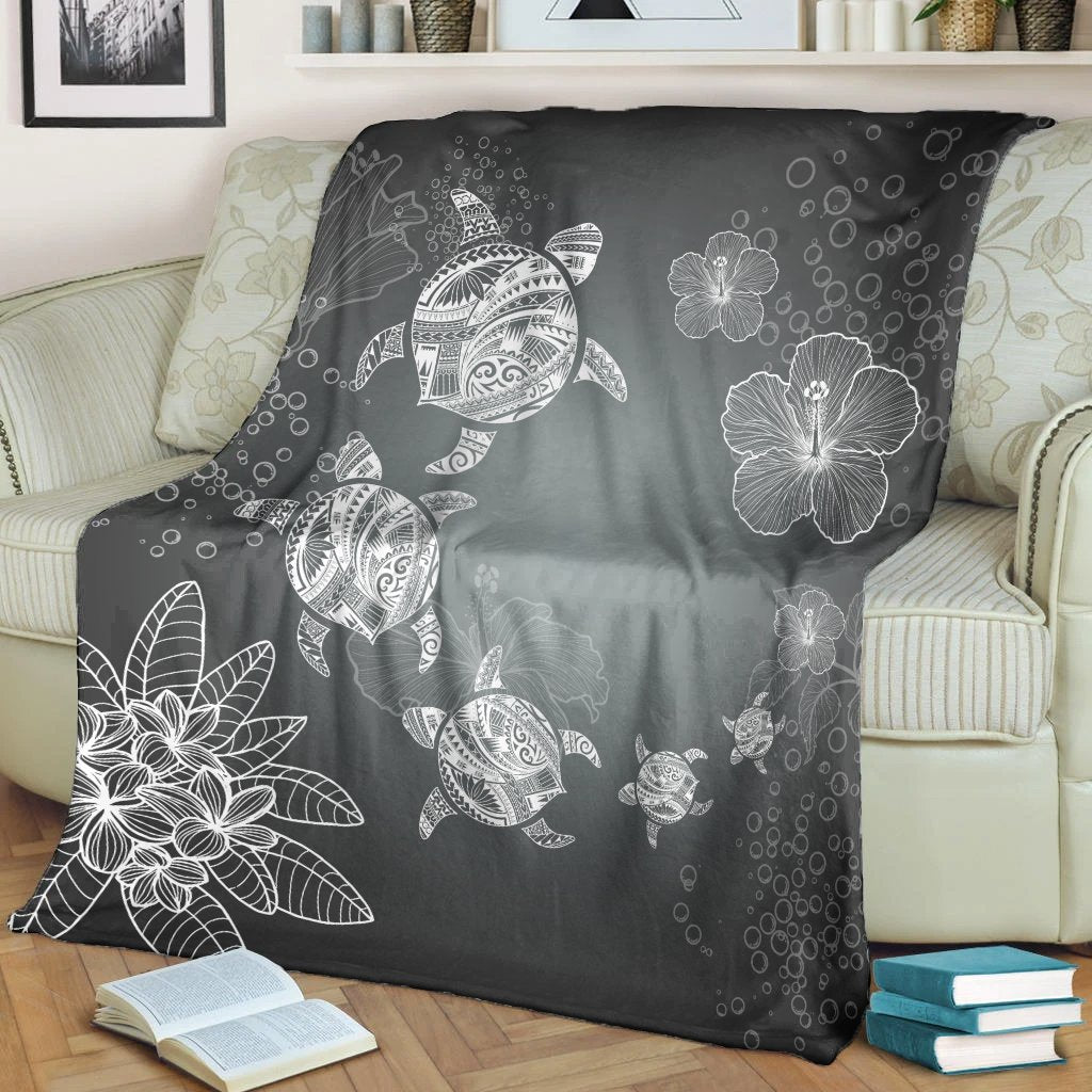 Hawaiian Plumeria Hibiscus Turtle Under Sea Polynesian Premium Blankets White AH - Polynesian Pride