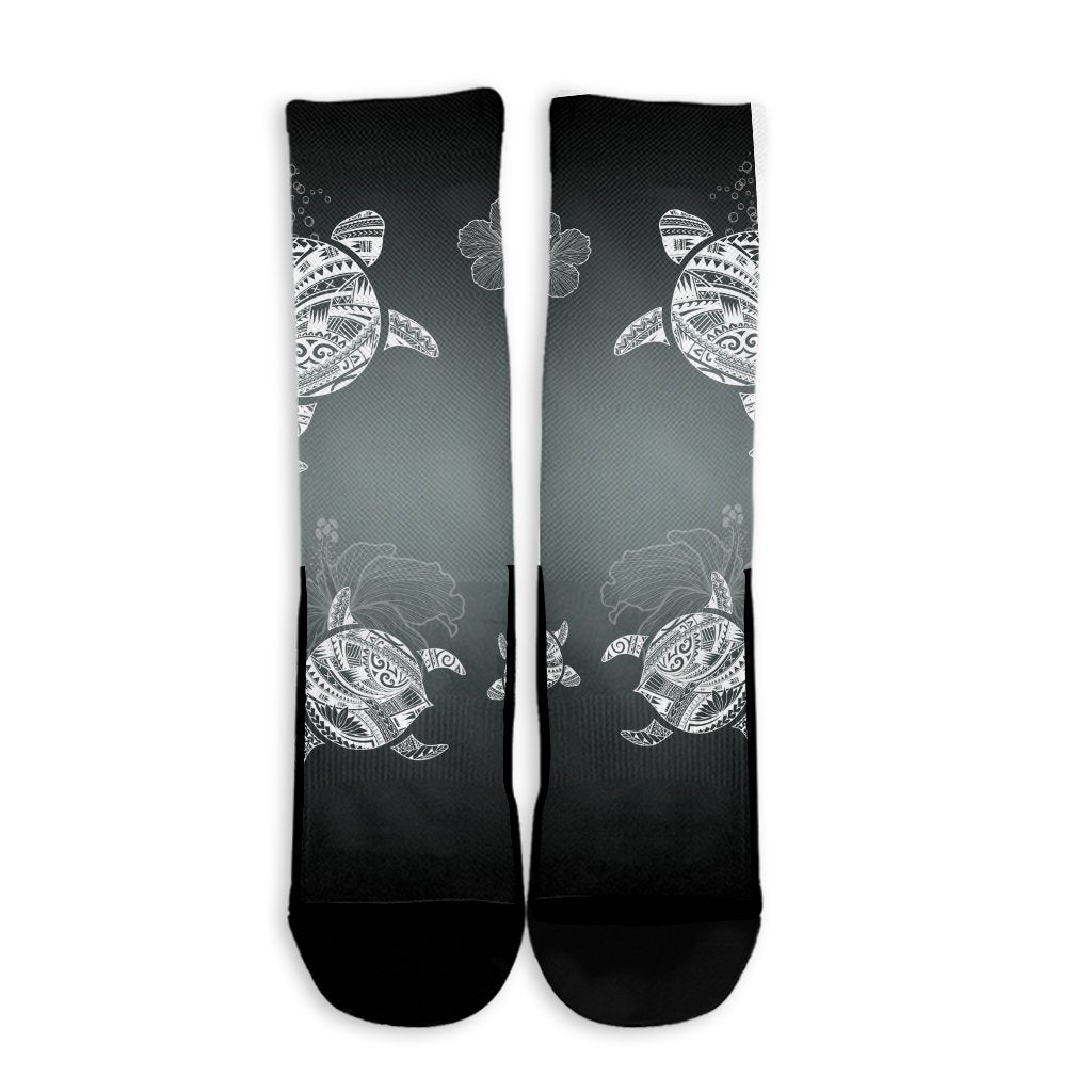 Hawaiian Plumeria Hibiscus Turtle Under Sea Polynesian Crew Socks White AH - Polynesian Pride