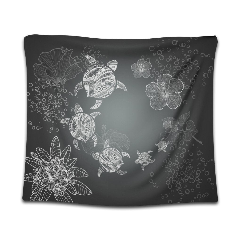 Hawaiian Plumeria Hibiscus Turtle Under Sea Polynesian Tapestry White AH Wall Tapestry Black - Polynesian Pride