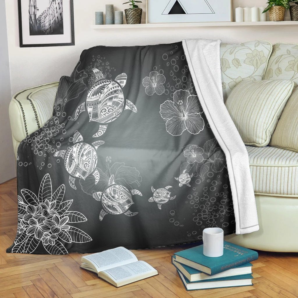 Hawaiian Plumeria Hibiscus Turtle Under Sea Polynesian Premium Blankets White AH White - Polynesian Pride