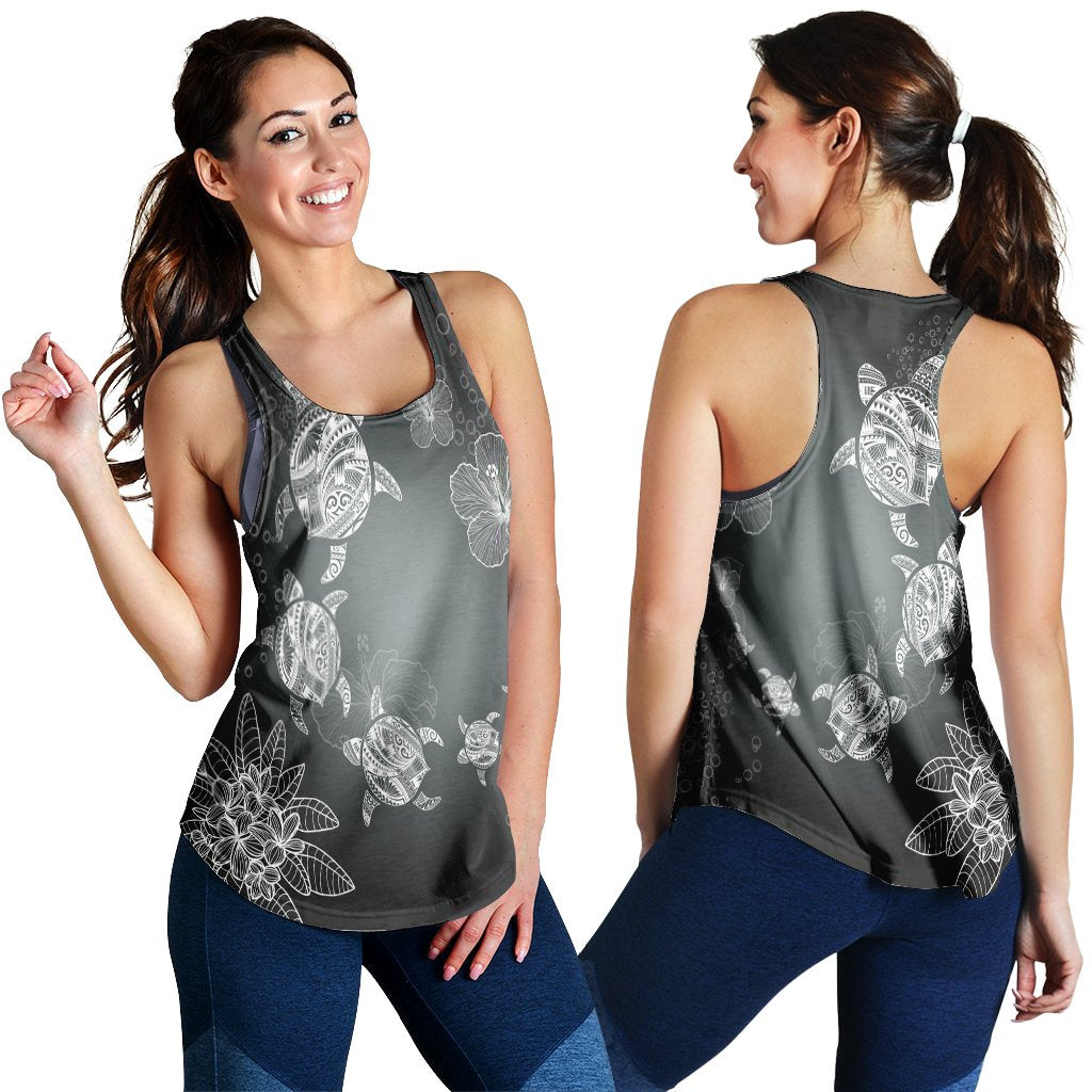 Hawaiian Plumeria Hibiscus Turtle Under Sea Polynesian Racerback Tank White AH Black - Polynesian Pride