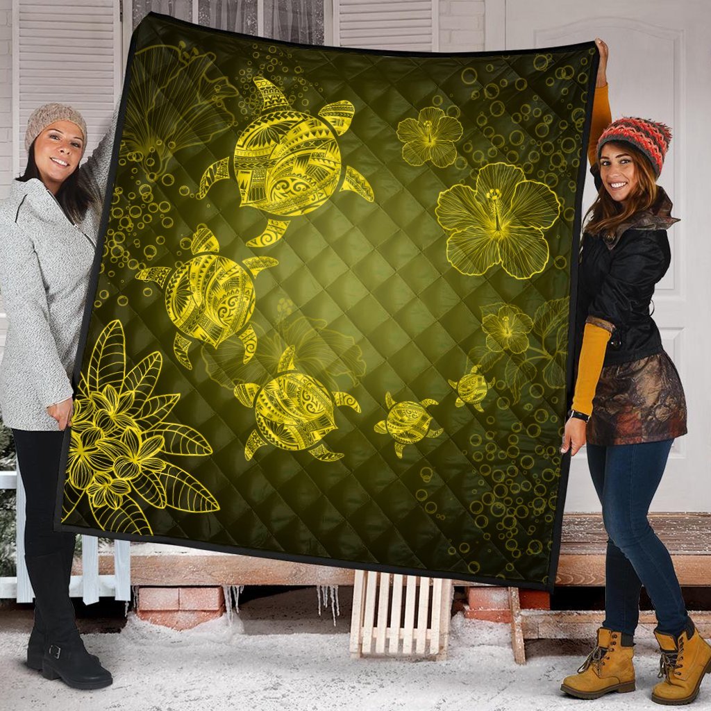 Hawaiian Plumeria Hibiscus Turtle Under Sea Polynesian Premium Quilts Yellow AH - Polynesian Pride