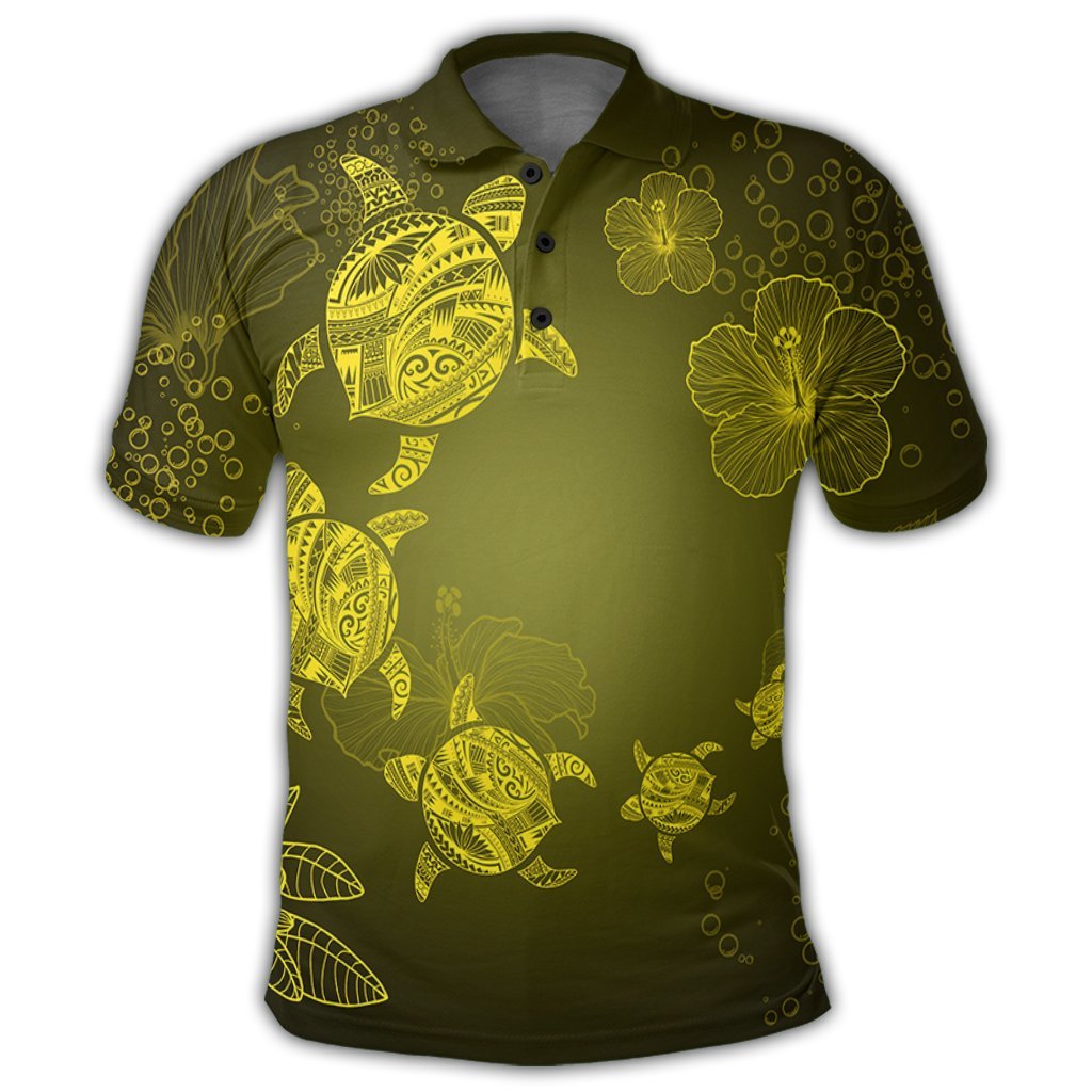 Hawaiian Plumeria Hibiscus Turtle Under Sea Polynesian Polo Shirt Yellow - Polynesian Pride
