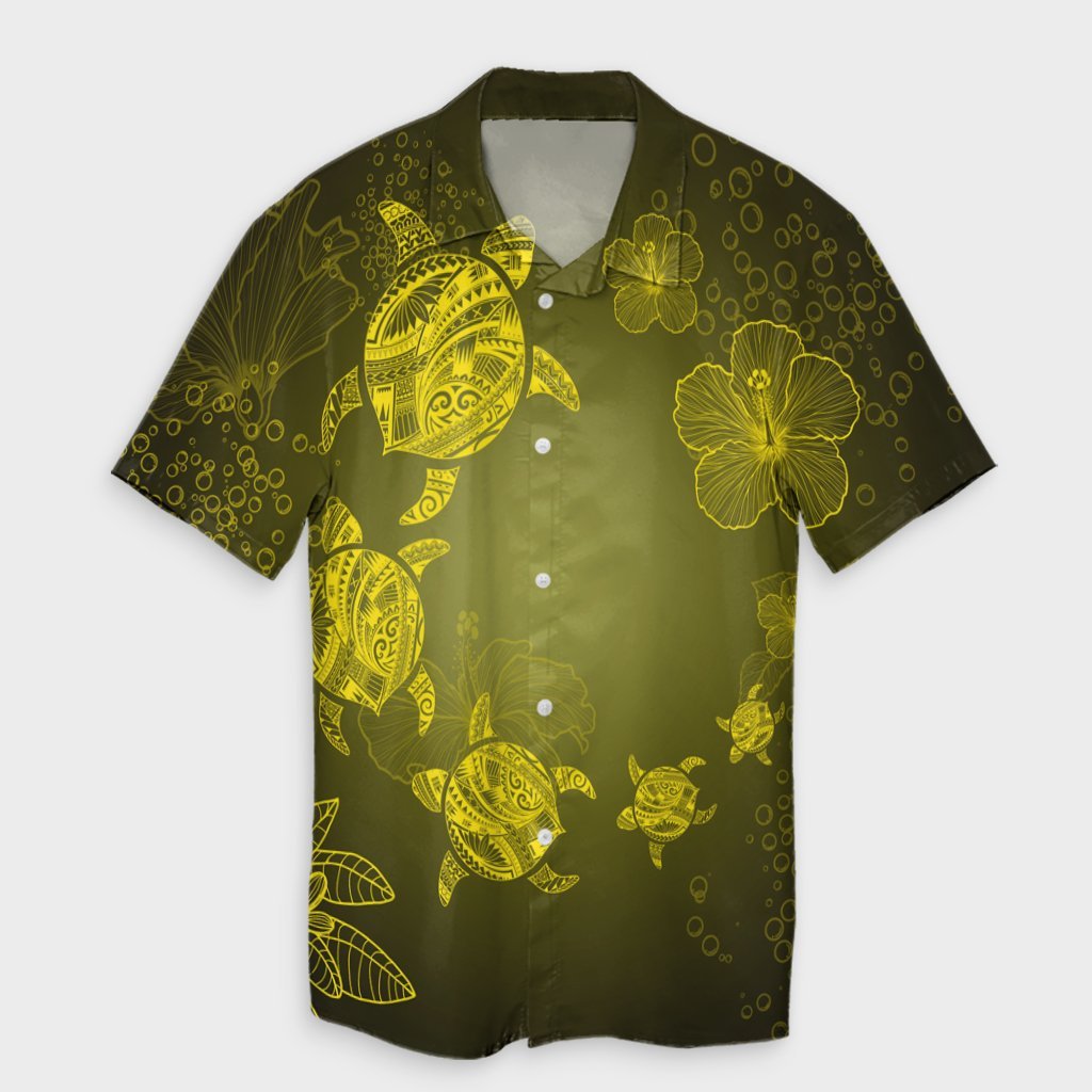 Hawaiian Plumeria Hibiscus Turtle Under Sea Polynesian Hawaiian Shirt Yellow AH Unisex Black - Polynesian Pride