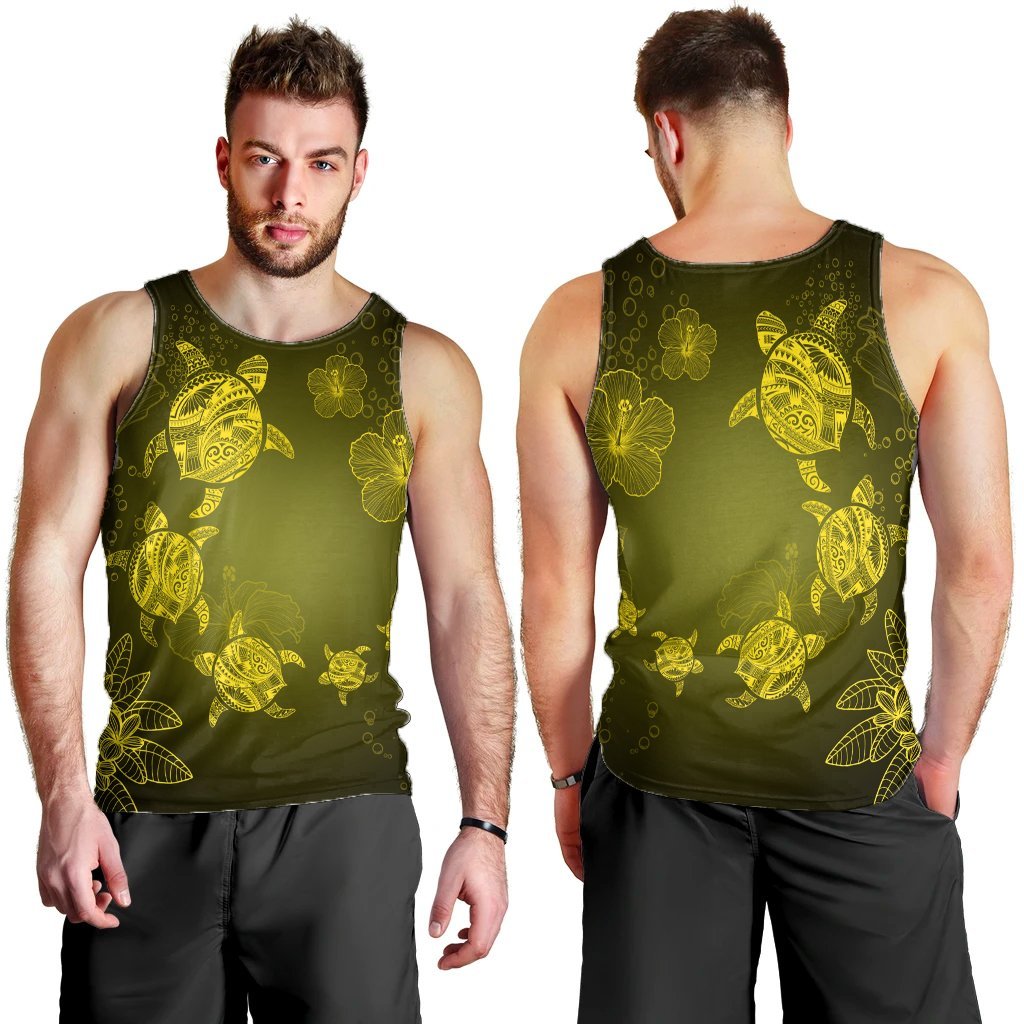 Hawaiian Plumeria Hibiscus Turtle Under Sea Polynesian Tank Top Yellow AH - Polynesian Pride