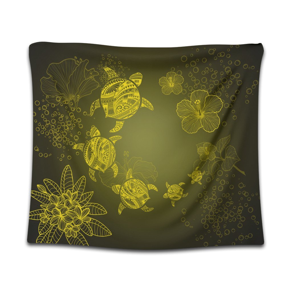 Hawaiian Plumeria Hibiscus Turtle Under Sea Polynesian Tapestry Yellow AH Wall Tapestry Black - Polynesian Pride