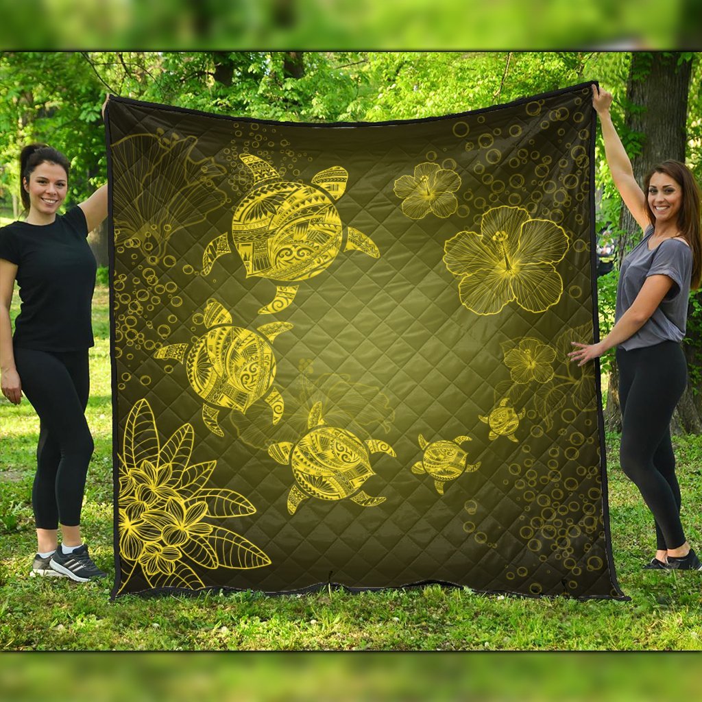 Hawaiian Plumeria Hibiscus Turtle Under Sea Polynesian Premium Quilts Yellow AH Black - Polynesian Pride