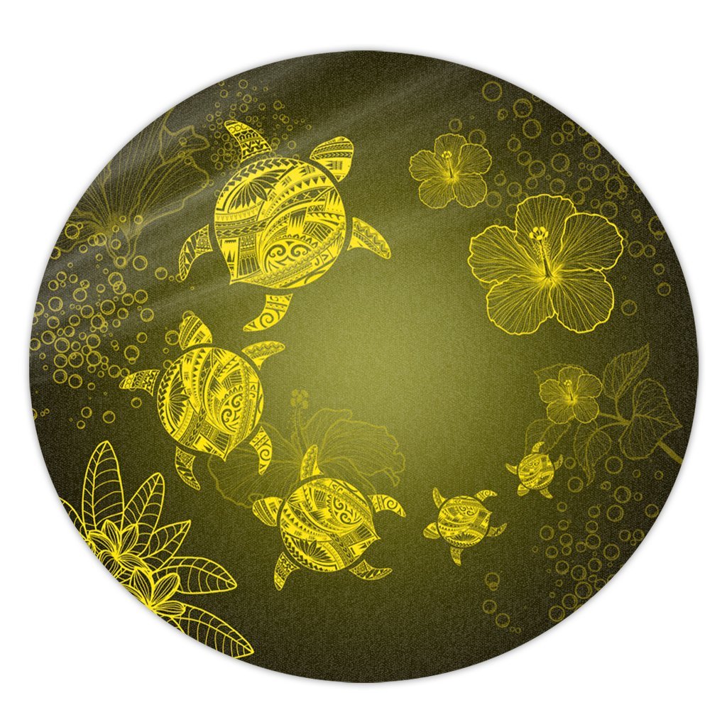 Hawaiian Plumeria Hibiscus Turtle Under Sea Polynesian Round Carpet Yellow AH Round Carpet Luxurious Plush - Polynesian Pride