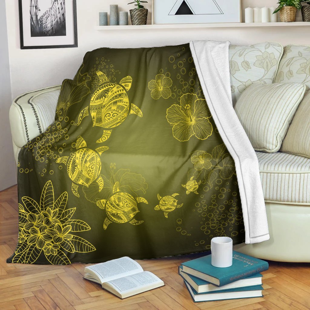 Hawaiian Plumeria Hibiscus Turtle Under Sea Polynesian Premium Blankets Yellow AH White - Polynesian Pride