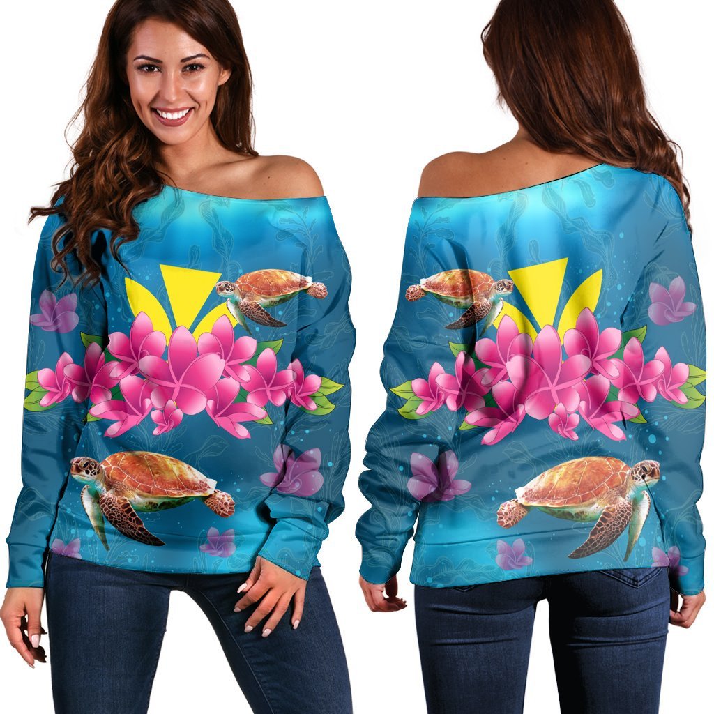 Hawaiian Plumeria Kanaka Turtle Sea Polynesian Women's Off Shoulder Sweater - AH Black - Polynesian Pride