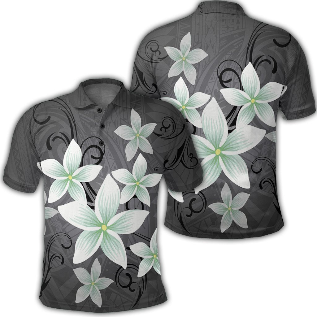 Hawaiian Plumeria Polynesian Polo Shirt Gray Unisex Black - Polynesian Pride