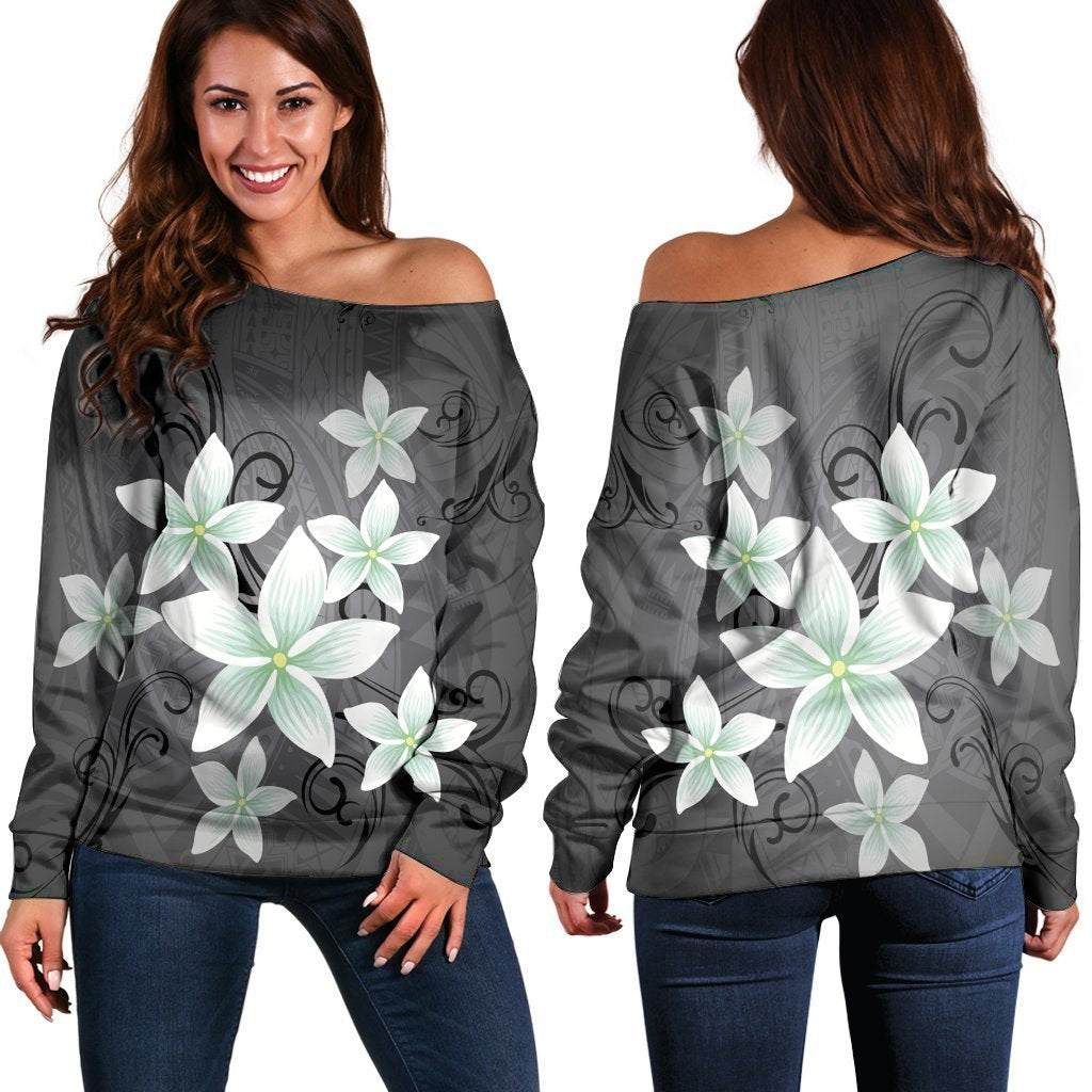 Hawaiian Plumeria Polynesian Women's Off Shoulder Sweater - Gray - AH Black - Polynesian Pride