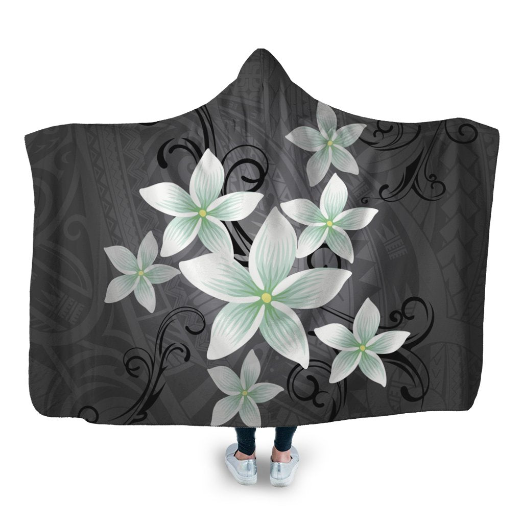 Hawaiian Plumeria Polynesian Hooded Blanket - Gray - AH Hooded Blanket White - Polynesian Pride