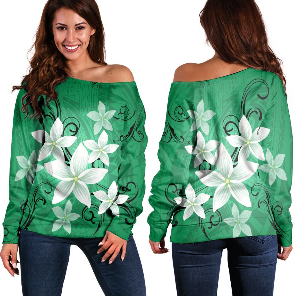 Hawaiian Plumeria Polynesian Women's Off Shoulder Sweater - Green - AH Black - Polynesian Pride