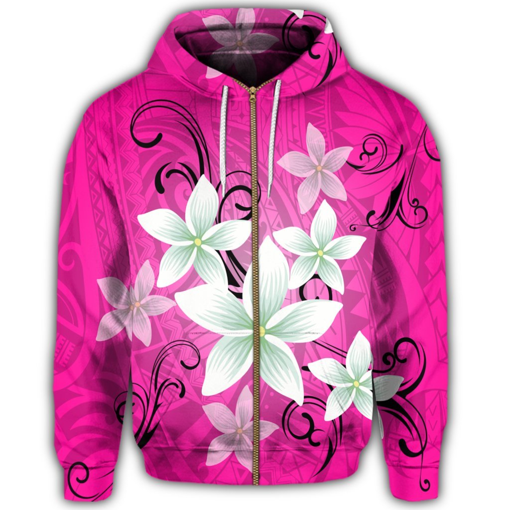 Hawaiian Plumeria Polynesian Zip Hoodie Pink - Polynesian Pride