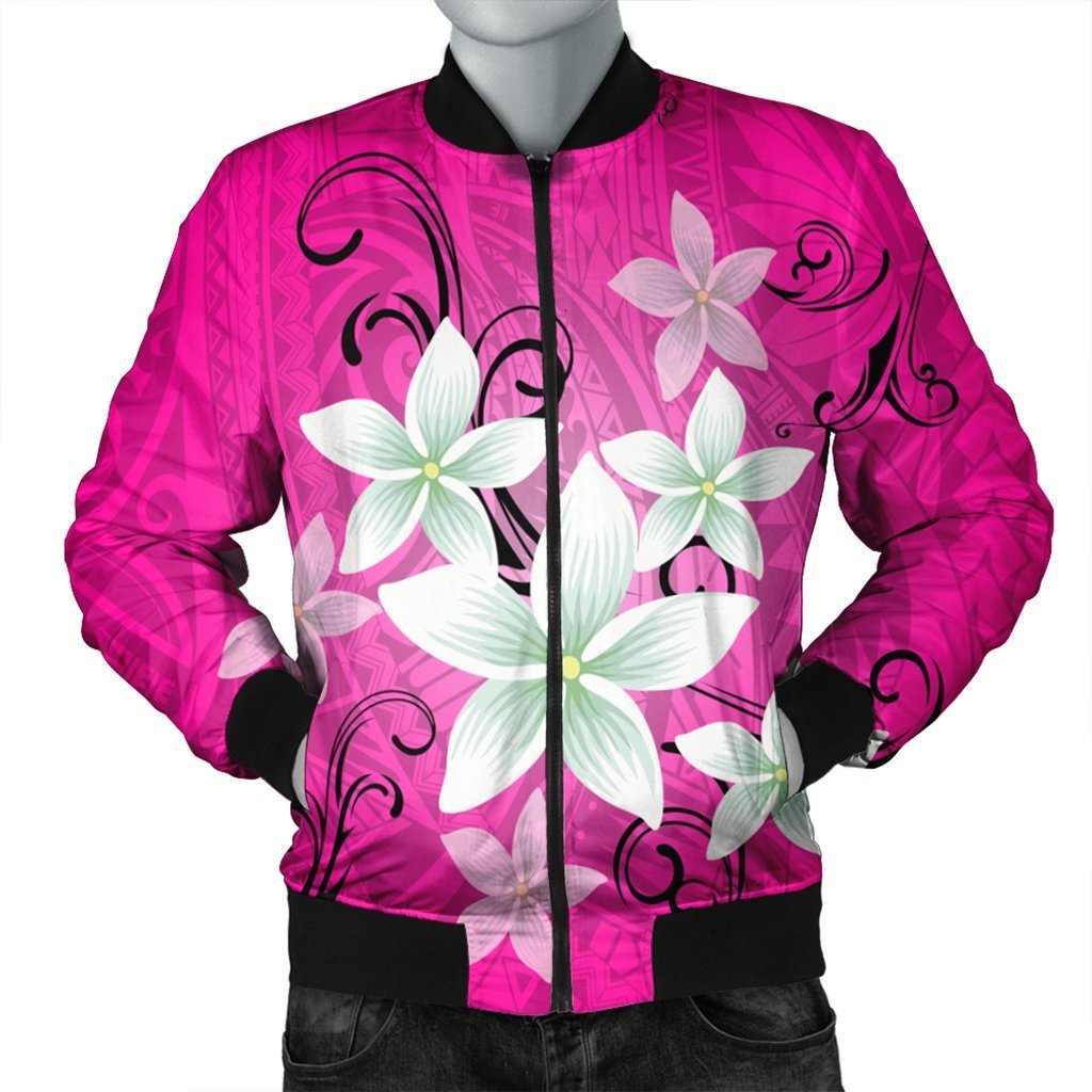 Hawaiian Plumeria Polynesian Bomber Jacket - Pink - AH Black Unisex - Polynesian Pride