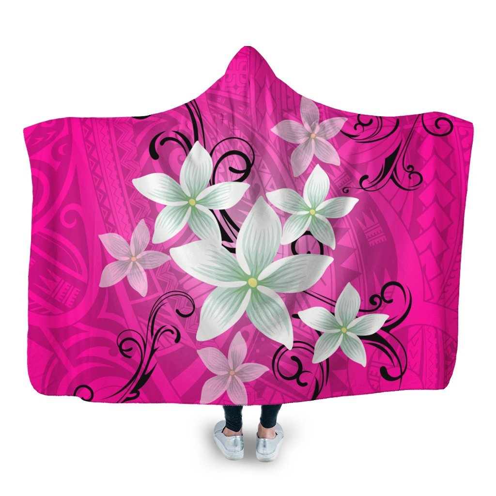 Hawaiian Plumeria Polynesian Hooded Blanket - Pink - AH Hooded Blanket White - Polynesian Pride