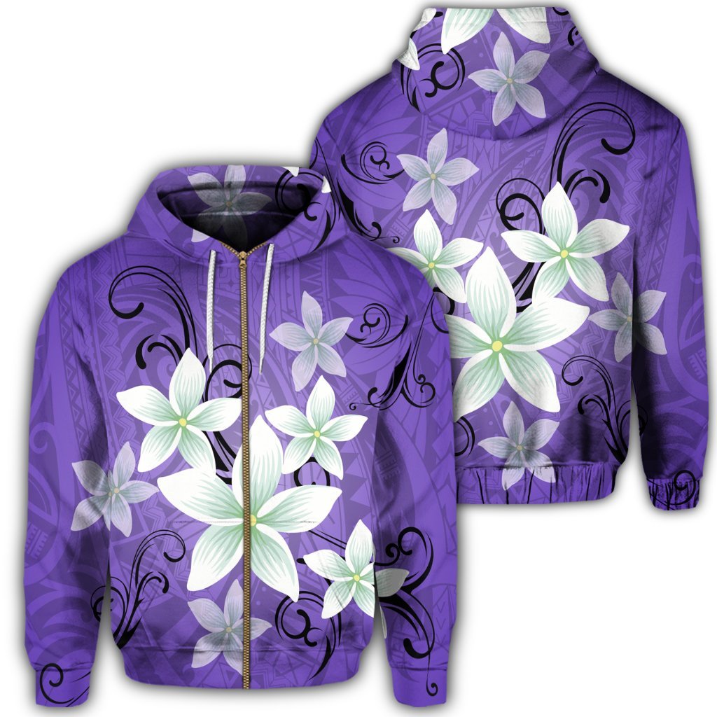 Hawaiian Plumeria Polynesian Zip Hoodie Purple Unisex Art - Polynesian Pride