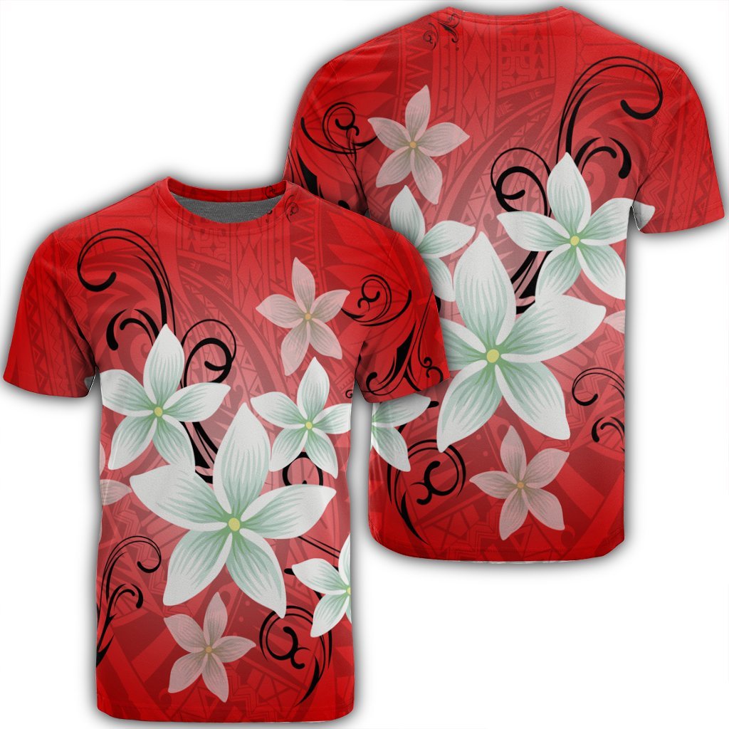 Hawaiian Plumeria Polynesian T Shirt Red AH Unisex Black - Polynesian Pride