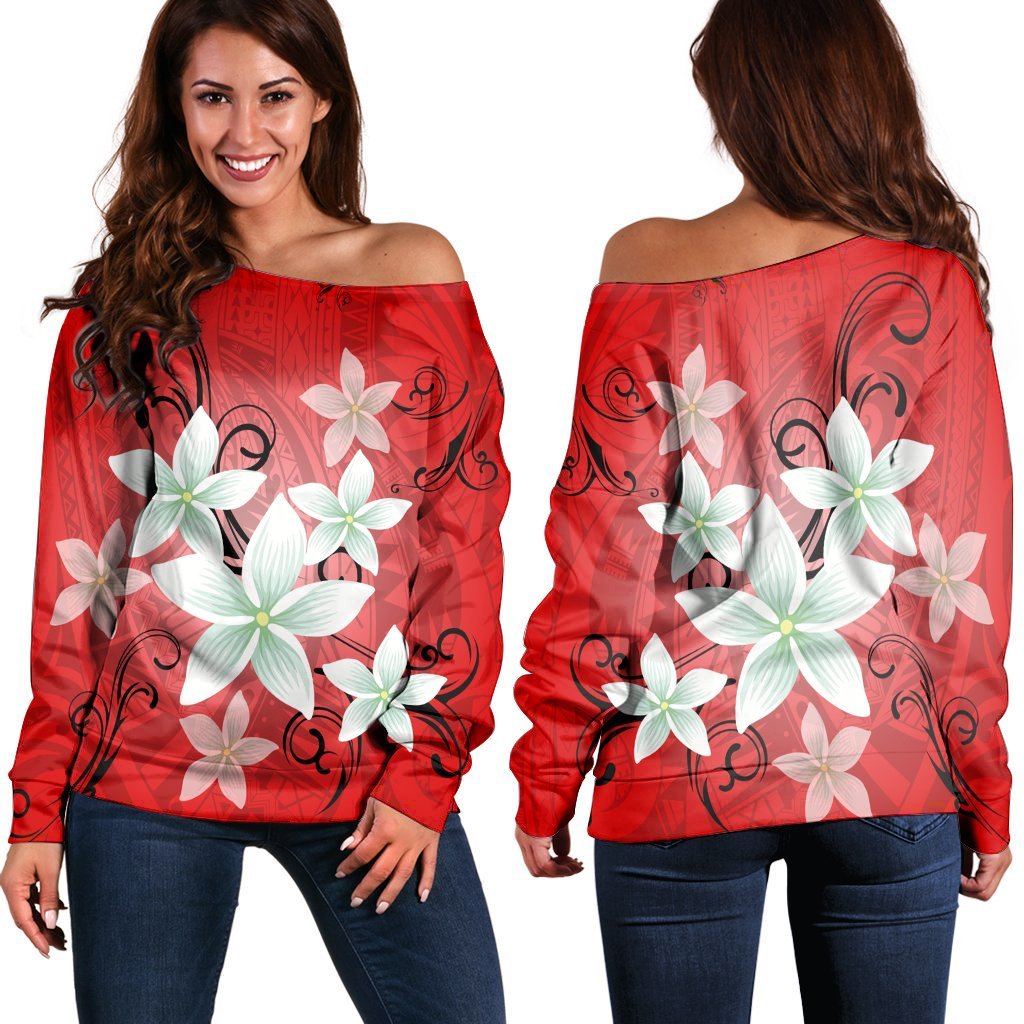 Hawaiian Plumeria Polynesian Women's Off Shoulder Sweater - Red - AH Black - Polynesian Pride