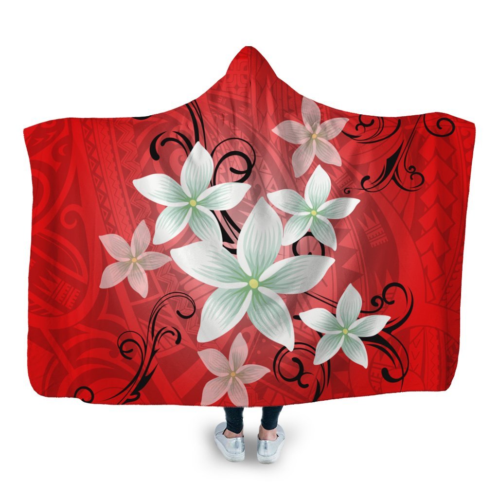 Hawaiian Plumeria Polynesian Hooded Blanket - Red - AH Hooded Blanket White - Polynesian Pride