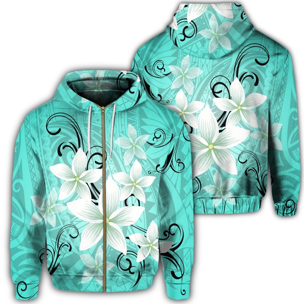 Hawaiian Plumeria Polynesian Zip Hoodie Turquoise Unisex Art - Polynesian Pride