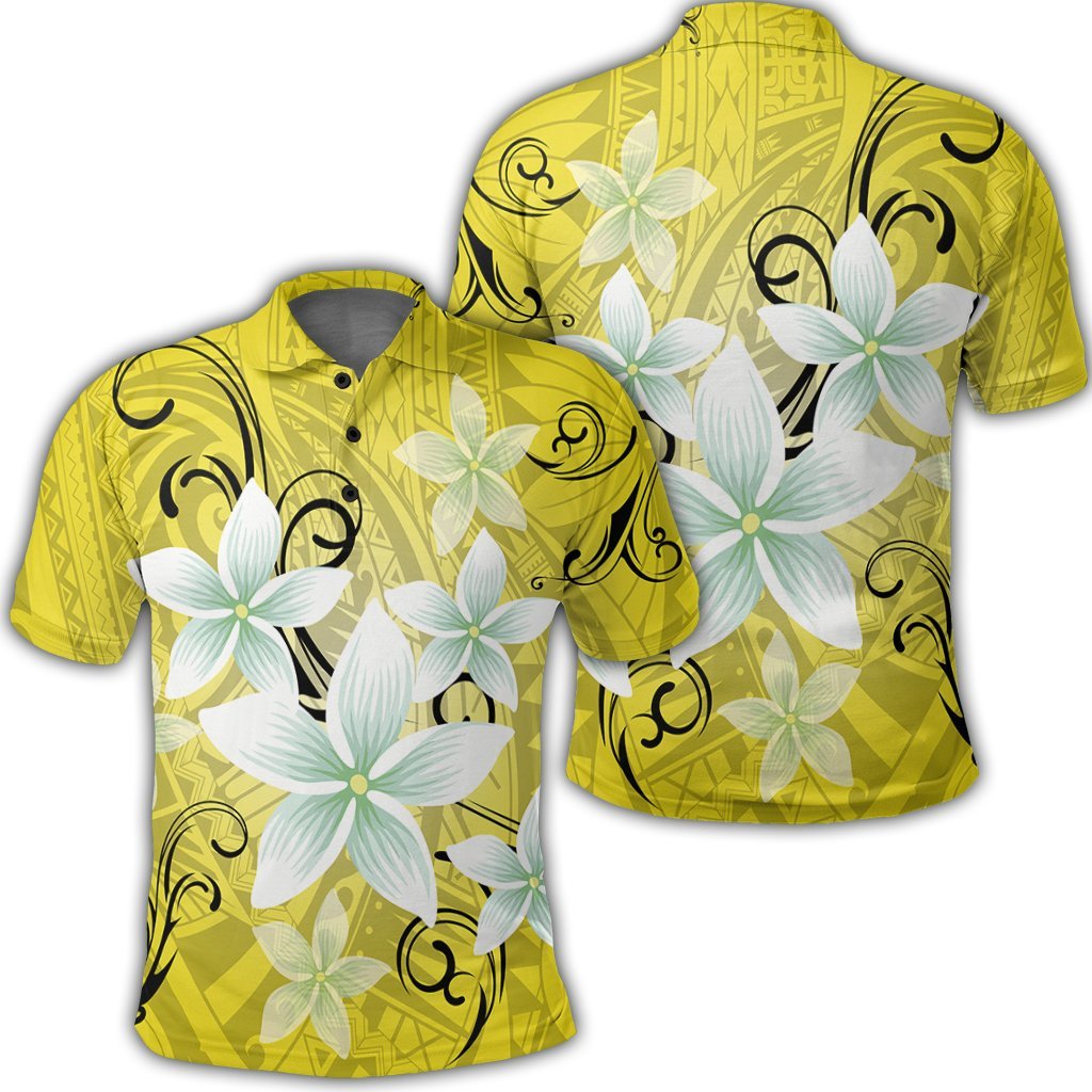 Hawaiian Plumeria Polynesian Polo Shirt Yellow Unisex Black - Polynesian Pride