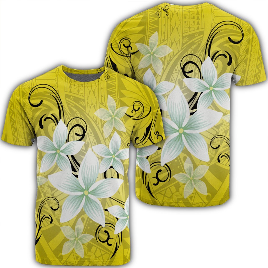 Hawaiian Plumeria Polynesian T Shirt Yellow AH Unisex Black - Polynesian Pride