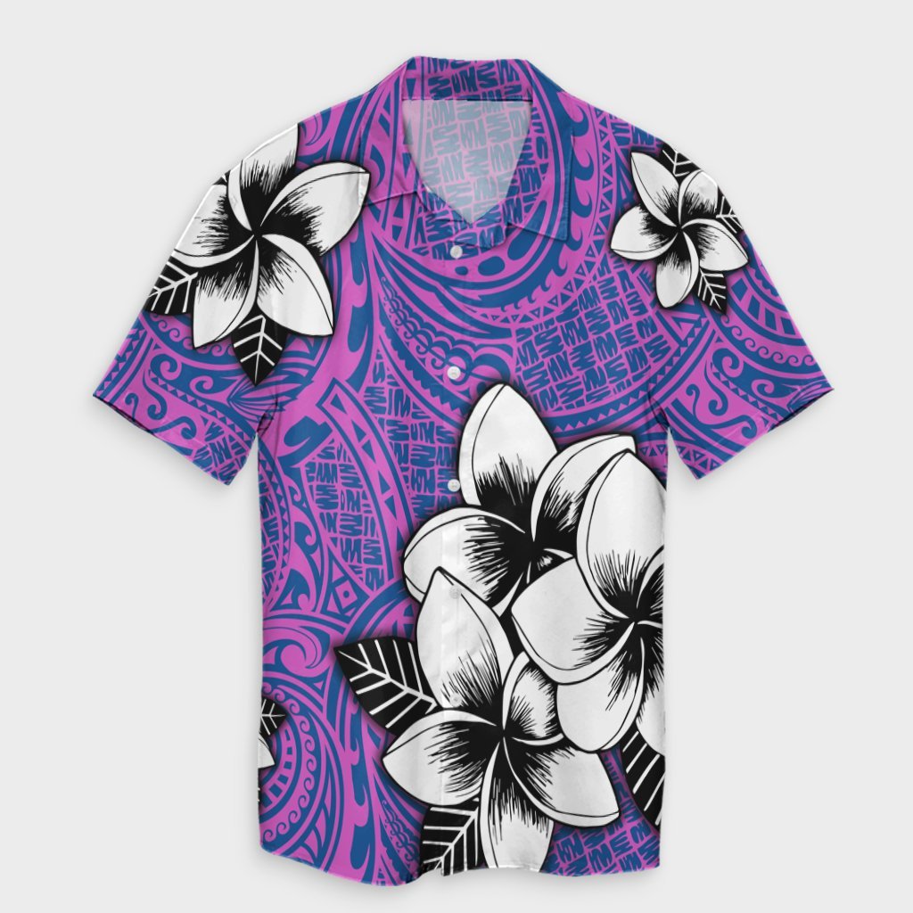 Hawaiian Plumeria Tribal Pink Polynesian Hawaiian Shirt Blue AH Unisex Black - Polynesian Pride