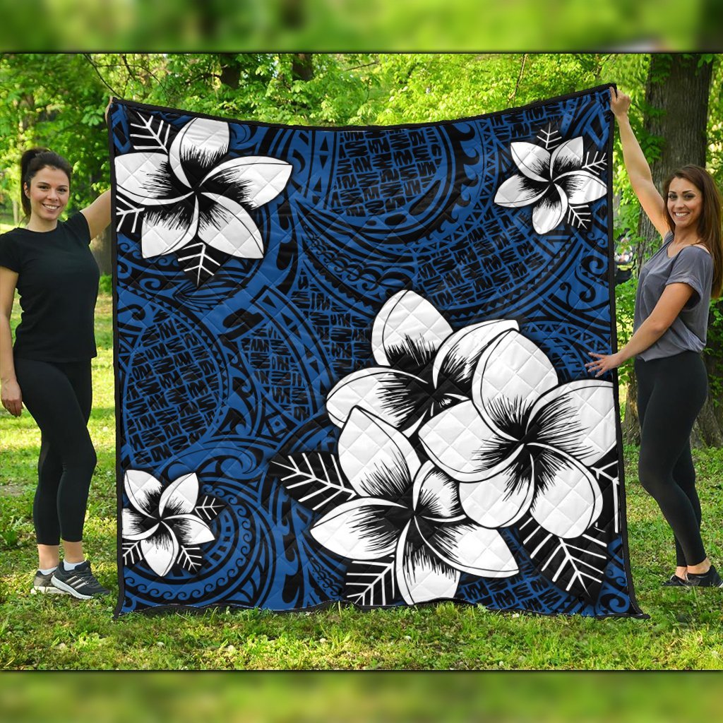 Hawaiian Plumeria Tribal Polynesian Premium Quilts Blue AH Black - Polynesian Pride