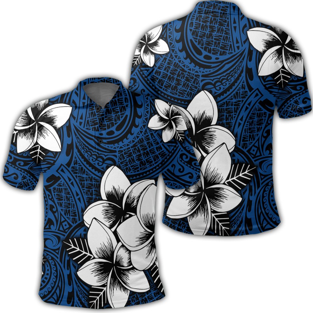 Hawaiian Plumeria Tribal Polynesian Polo Shirt Blue Unisex Black - Polynesian Pride