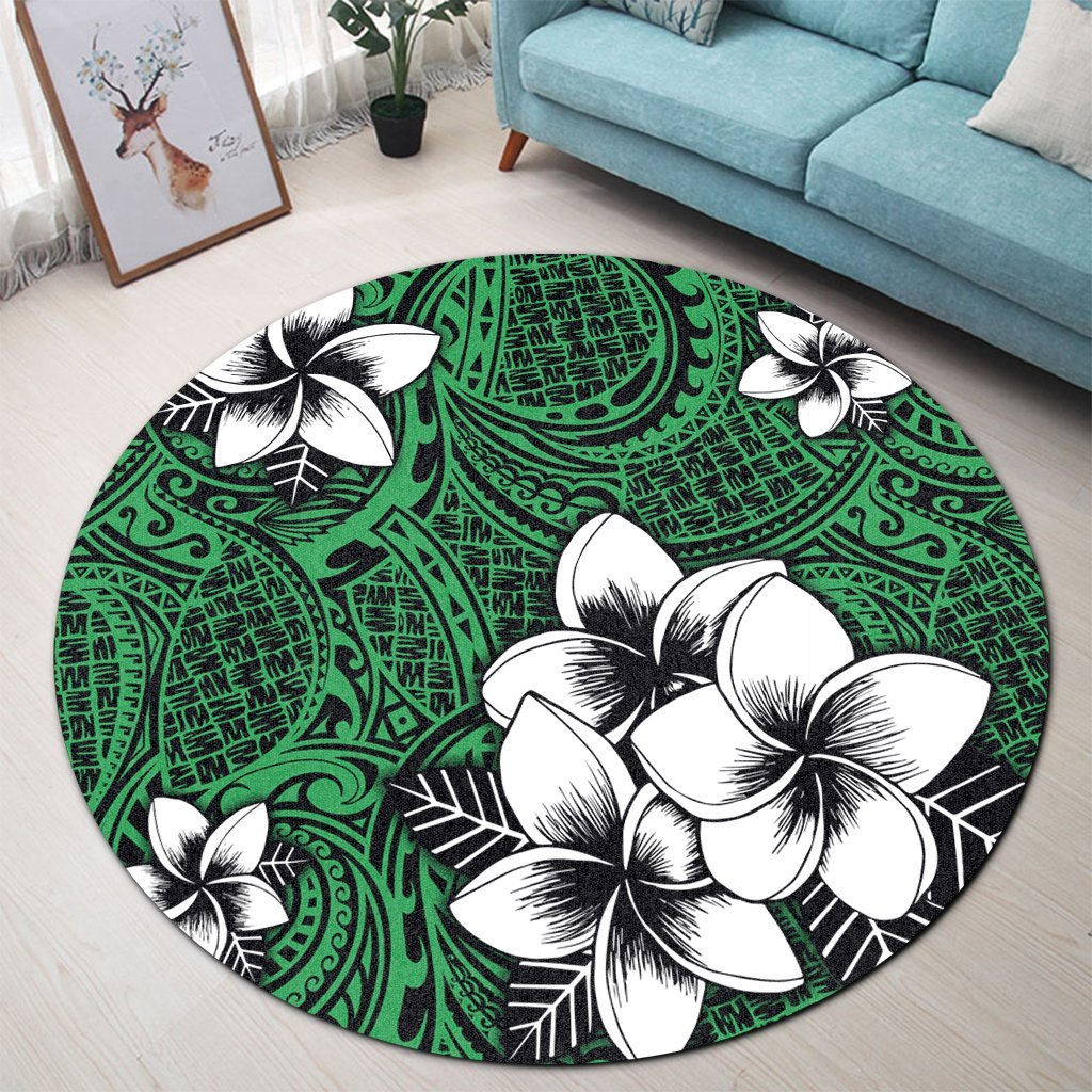 Hawaiian Plumeria Tribal Polynesian Round Carpet Green AH - Polynesian Pride