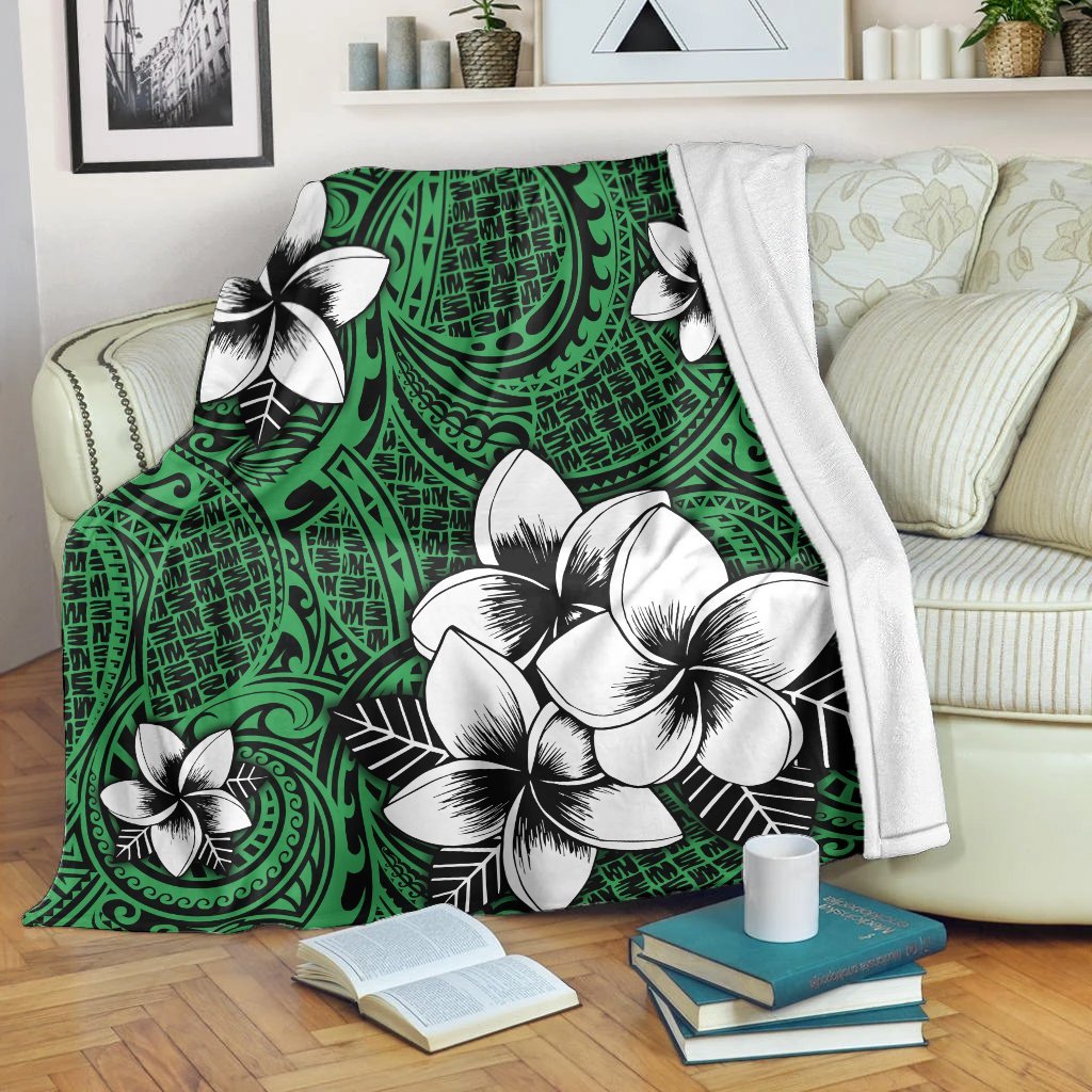 Hawaiian Plumeria Tribal Polynesian Premium Blankets Green AH White - Polynesian Pride