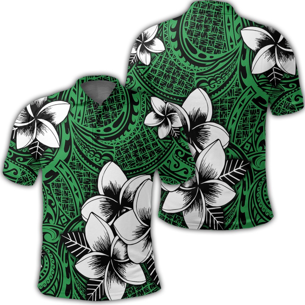 Hawaiian Plumeria Tribal Polynesian Polo Shirt Green Unisex Black - Polynesian Pride