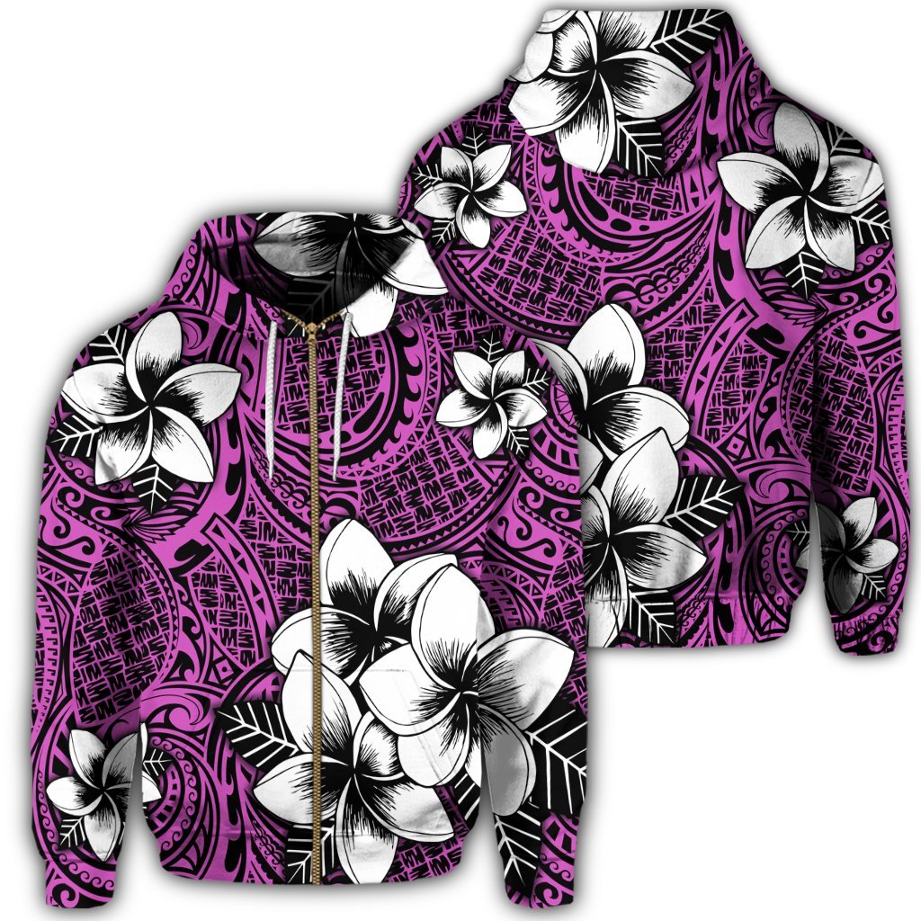 Hawaiian Plumeria Tribal Polynesian Zip Hoodie Pink Unisex Art - Polynesian Pride