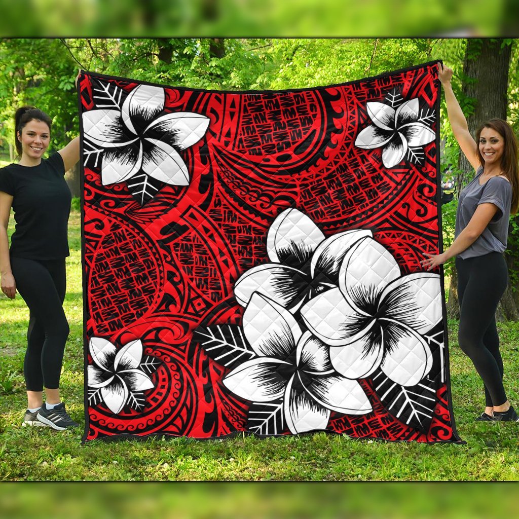 Hawaiian Plumeria Tribal Polynesian Premium Quilts Red AH Black - Polynesian Pride