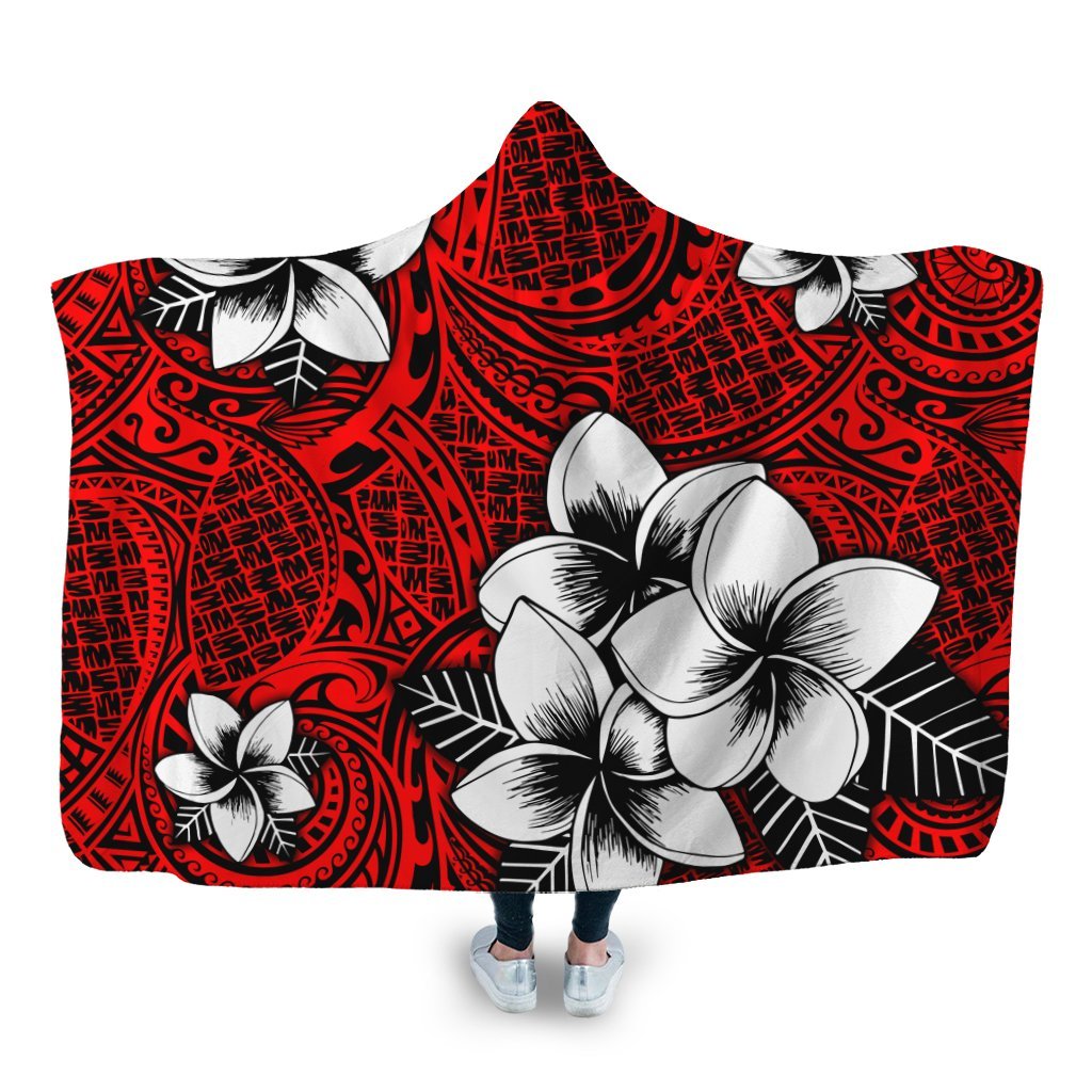 Hawaiian Plumeria Tribal Polynesian Hooded Blanket Red AH Hooded Blanket White - Polynesian Pride