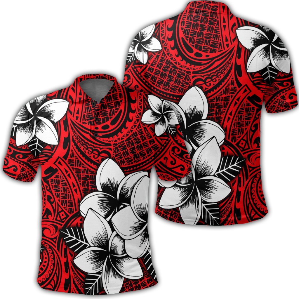 Hawaiian Plumeria Tribal Polynesian Polo Shirt Red Unisex Black - Polynesian Pride