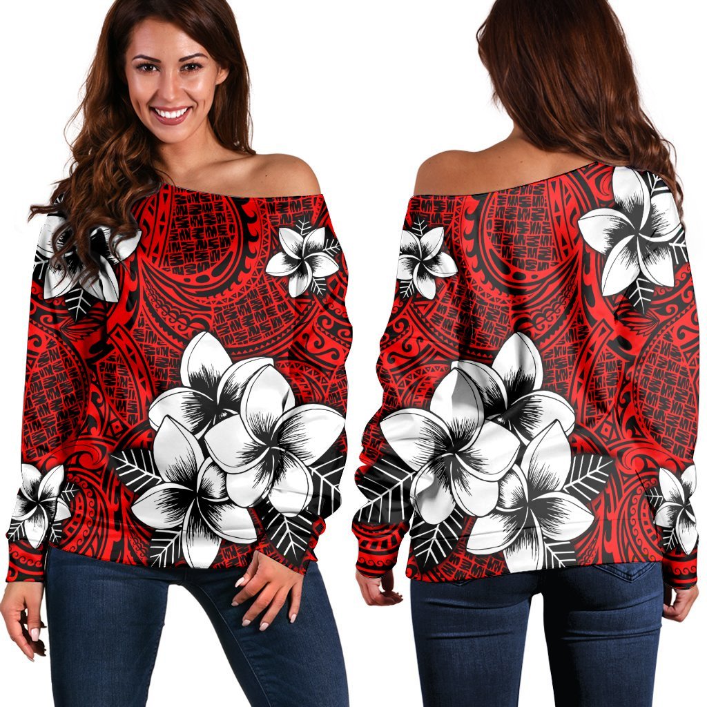 Hawaiian Plumeria Tribal Polynesian Women's Off Shoulder Sweater Red AH Black - Polynesian Pride