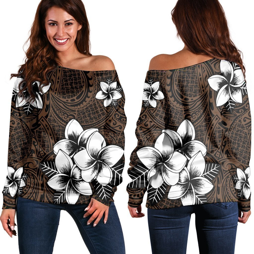 Hawaiian Plumeria Tribe Brown Polynesian Women's Off Shoulder Sweater AH Black - Polynesian Pride