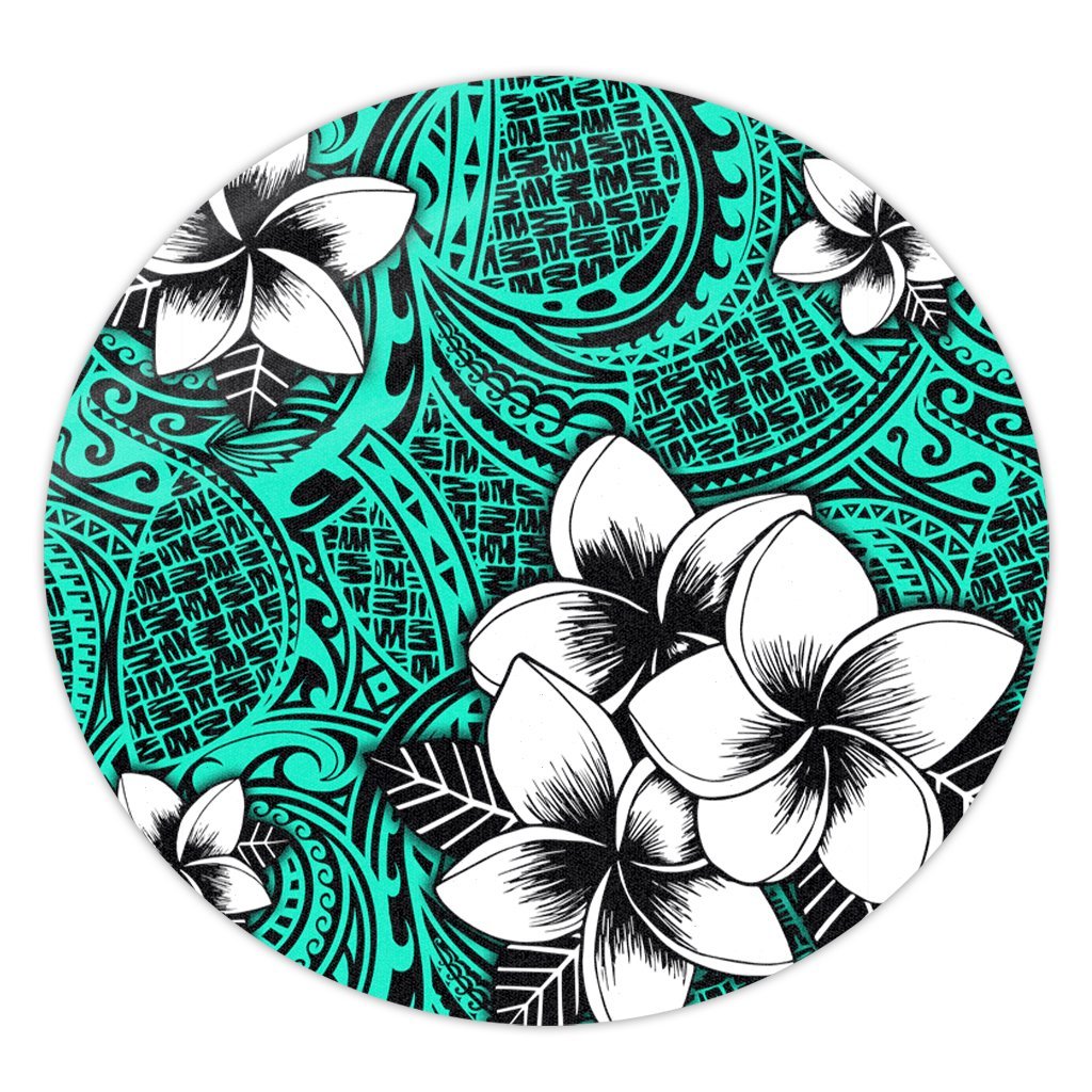 Hawaiian Plumeria Tribe Turquoise Polynesian Round Carpet AH Round Carpet Luxurious Plush - Polynesian Pride